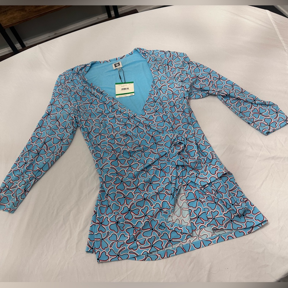 Anne Klein Blue and Pink Patterned Blouse